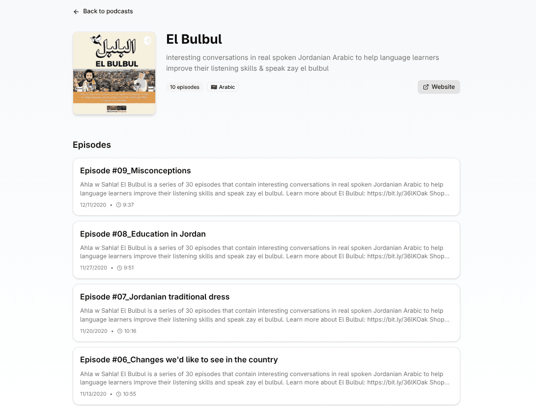 TinyLingo app showing list of episodes in a podcast