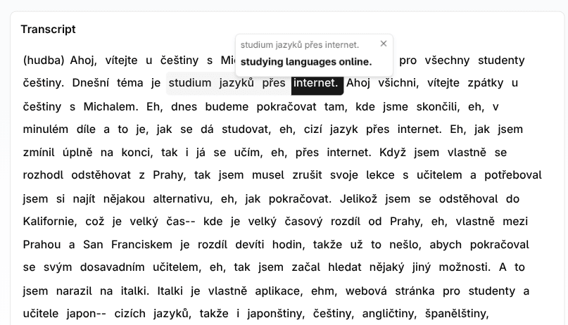 TinyLingo app screenshot showing word translation