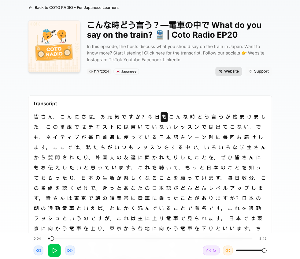 TinyLingo app screenshot showing podcast player with synced transcript