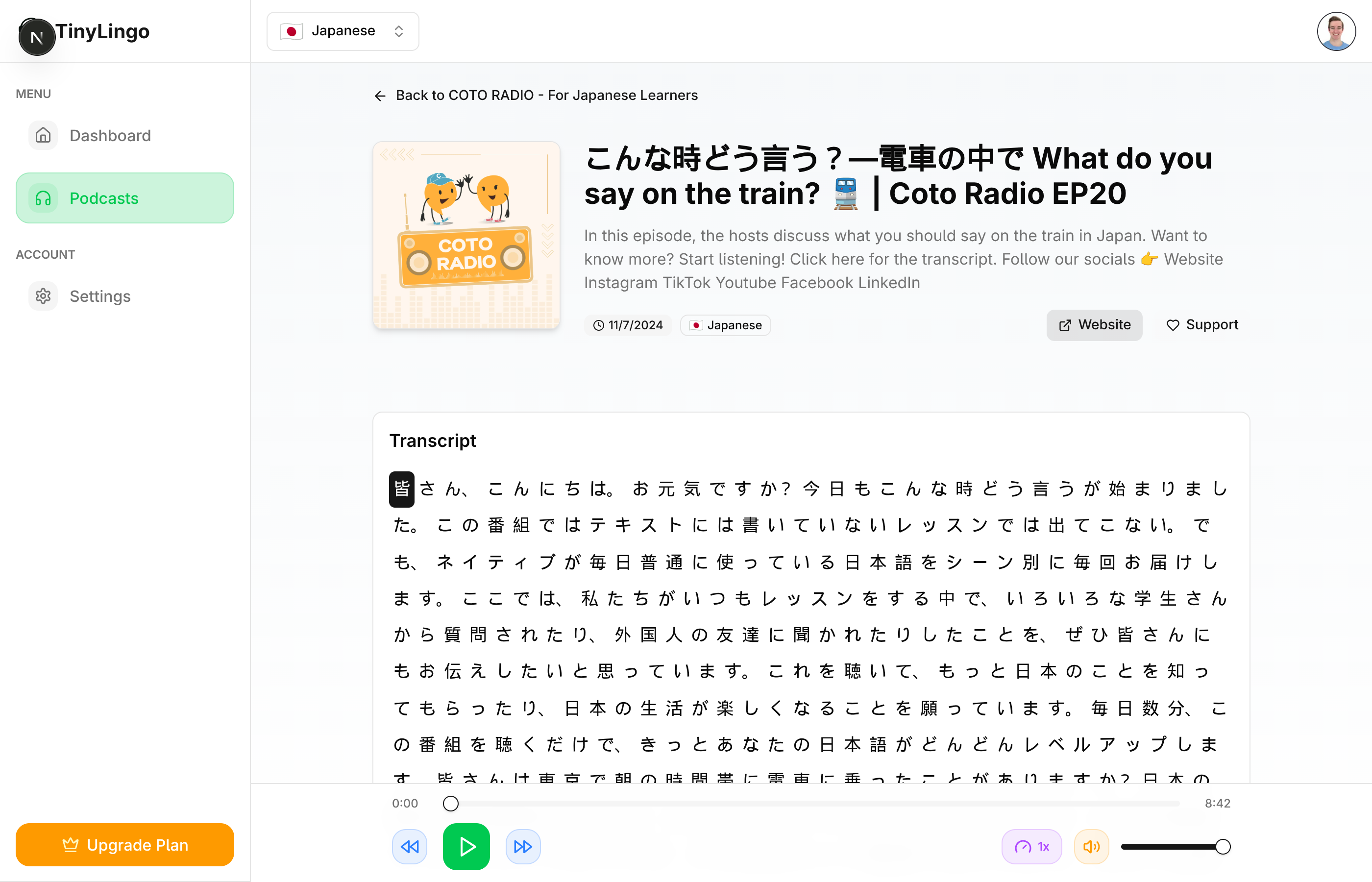 TinyLingo app screenshot showing podcast player interface