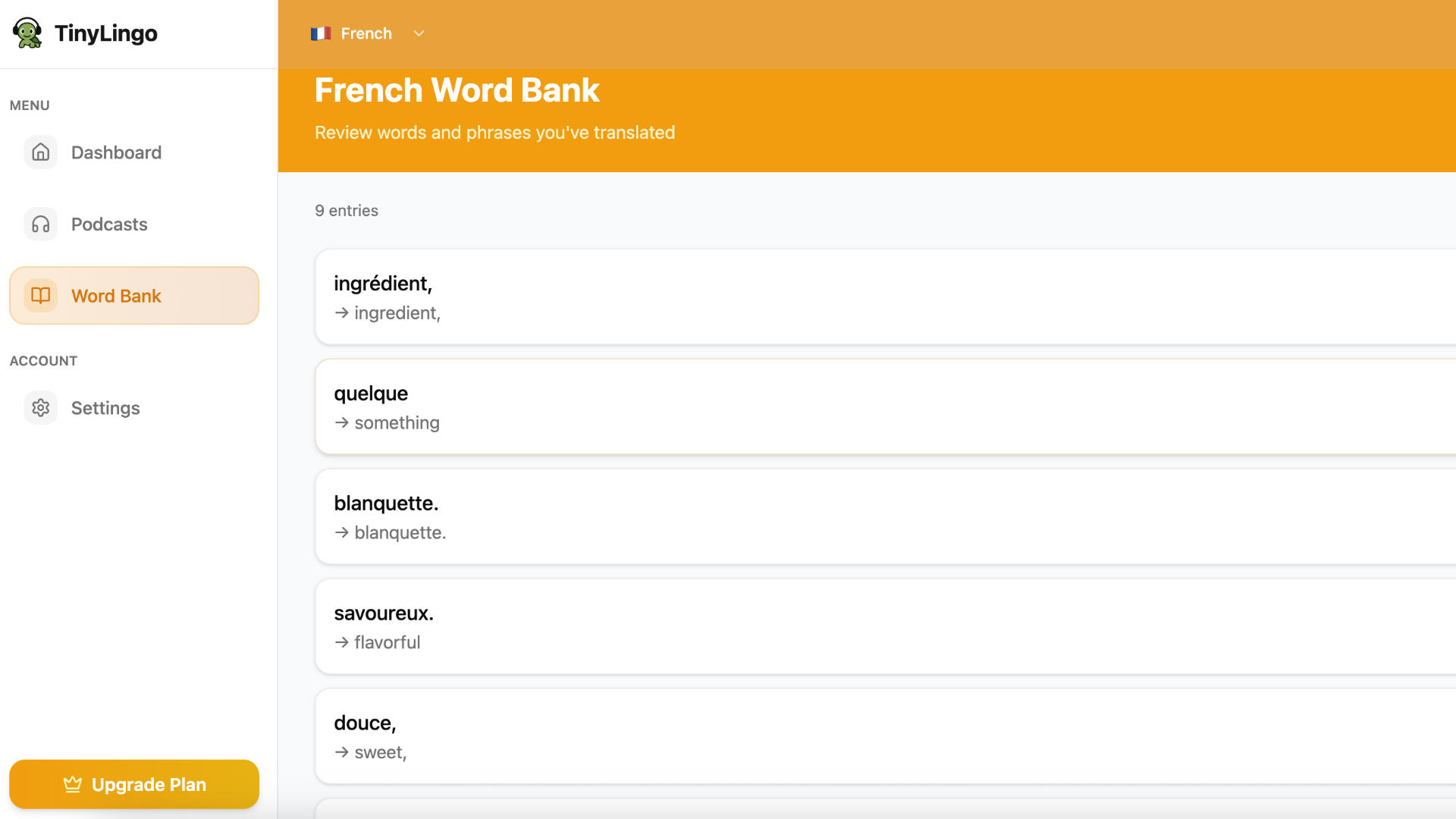 TinyLingo word bank showing saved vocabulary and translations